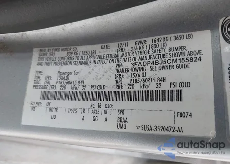 2012 Ford Fiesta Se z USA, uszkodzony, nr VIN 3FADP4BJ5CM155824